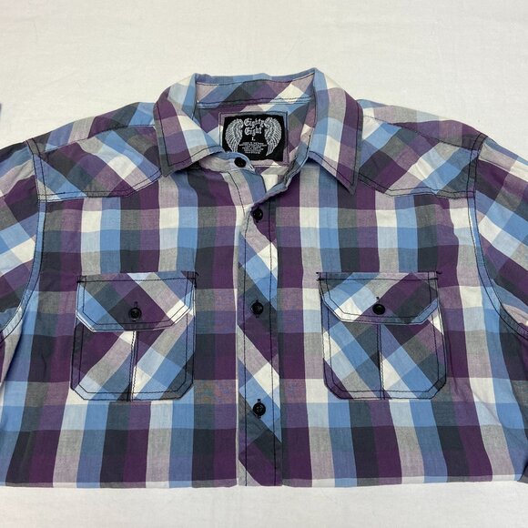 Eighty Eight Long Sleeve Collared Button Up Flap Pocket Plaid Shirt Purple Blue - Picture 7 of 11